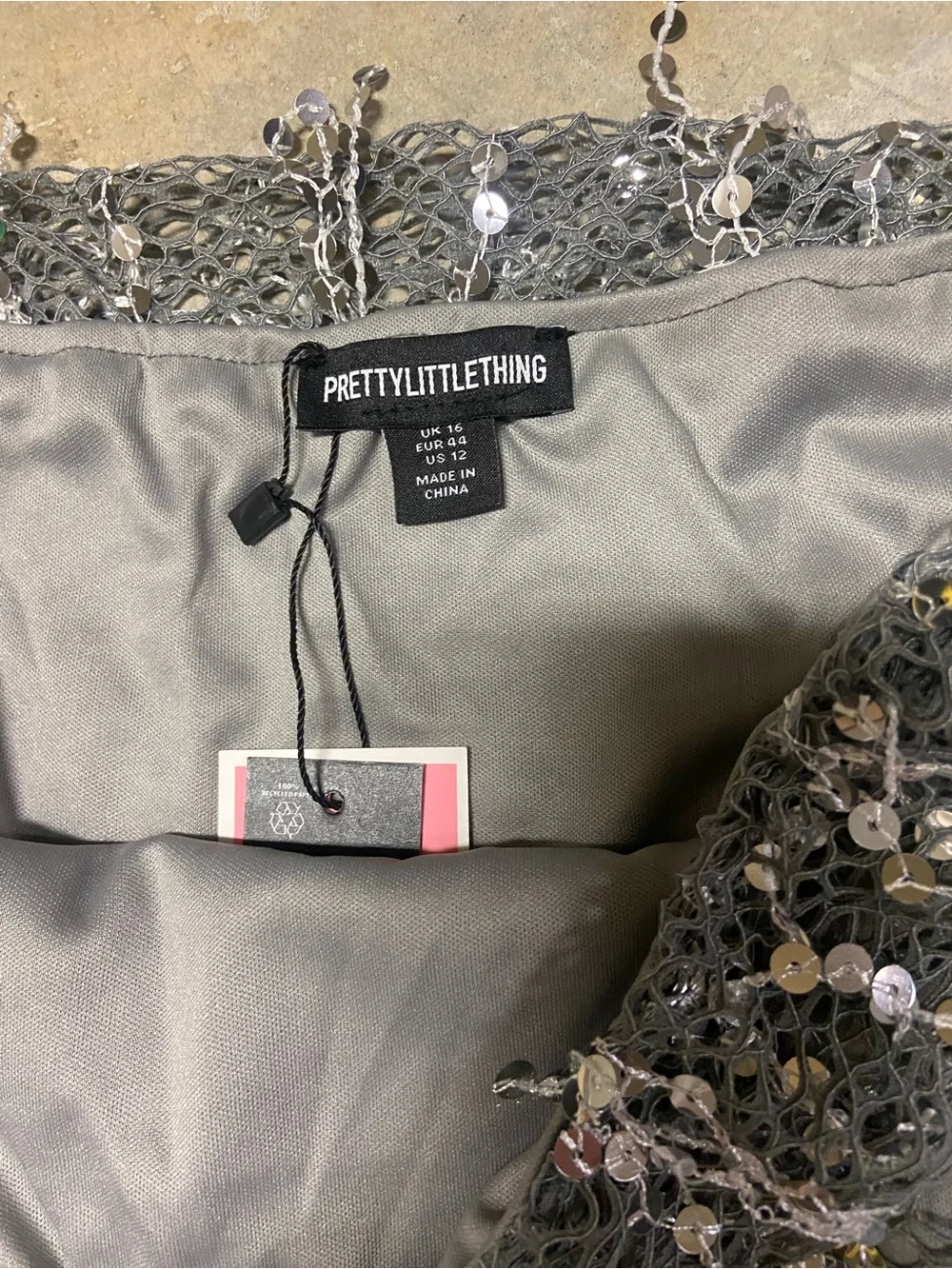 Pretty Little Thing Silver Sequin Tassel Mesh Micro Mini Skirt Size 12 Party - Picture 8 of 11